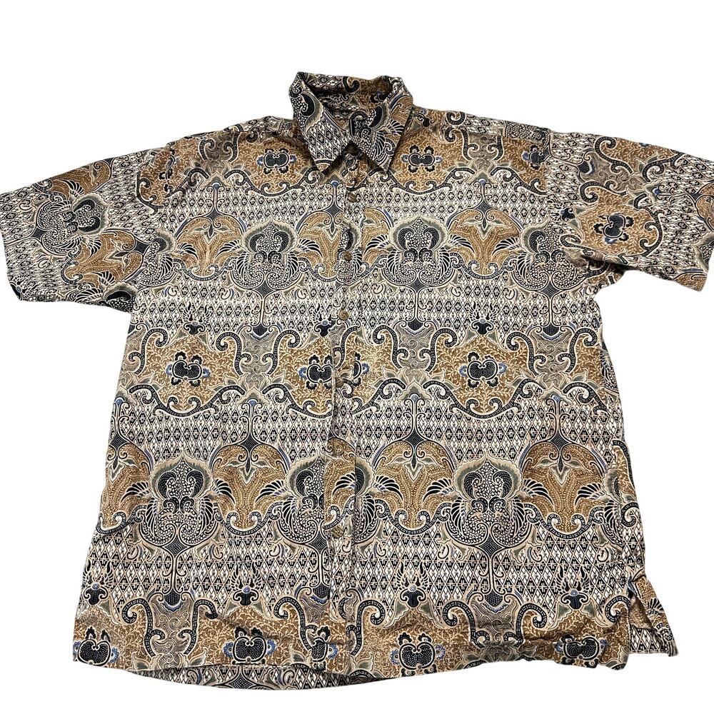 Fresh Groove Mens Shirt size L Brown Short Sleeve Button Up Paisley 100% Cotton - Picture 1 of 8